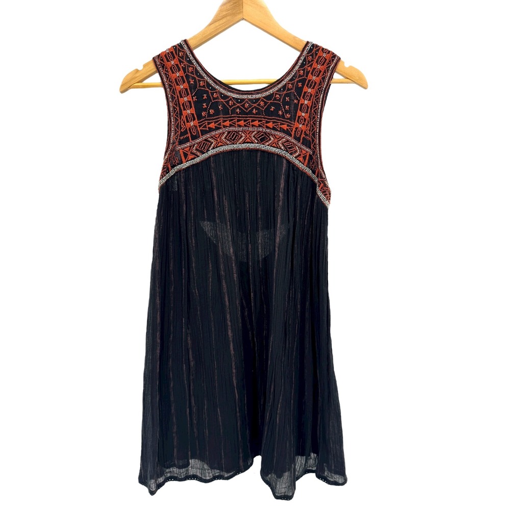 Free People Aztec Beaded Embroidered Bib Dress‎ Black Boho Festival Cotton Sz 4